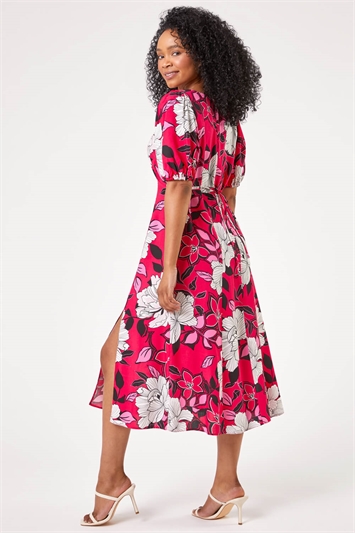 Pink Petite Floral Print Puff Sleeve Midi Dress, Image 2 of 4