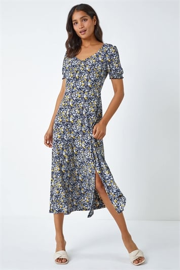 Yellow Ditsy Floral Ruched Maxi Dress