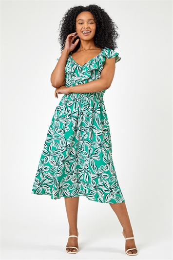 Green Petite Floral Shirred Waist Dress, Image 3 of 5