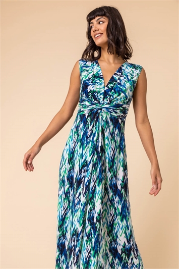 Green Abstract Print Twist Front Maxi Dress
