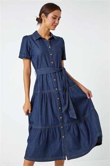 Blue Denim Tiered Cotton Midi Dress