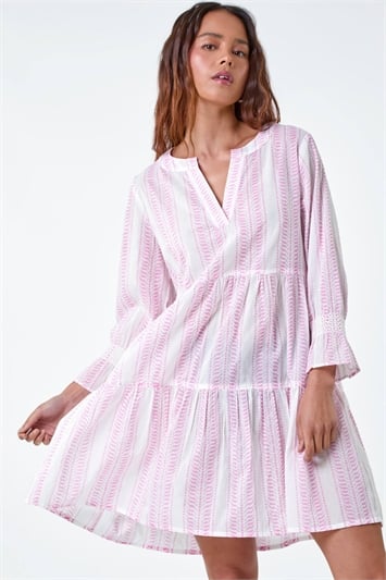 Pink Petite Cotton Stripe Tiered Smock Dress