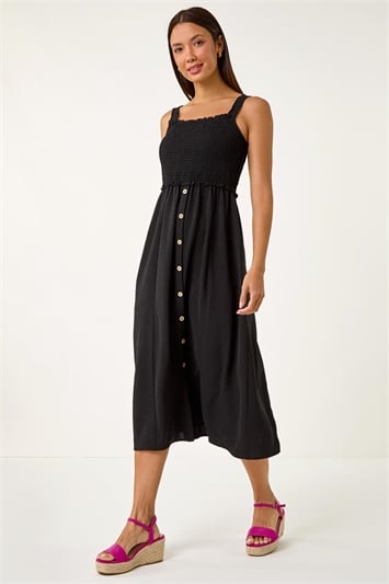 Black Plain Shirred Button Detail Midi Dress