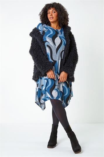 Blue Curve Abstract Print Tunic Stretch Dress