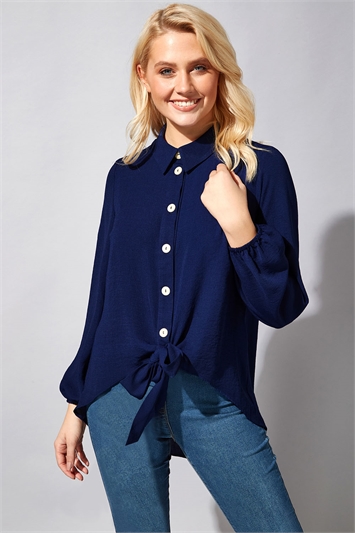 Navy Tie Front Button Blouse