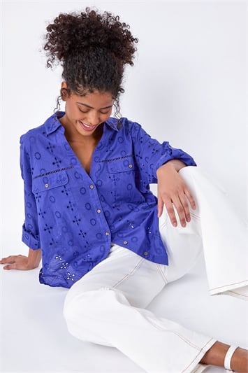 Purple Cotton Broderie Anglaise V-Neck Shirt