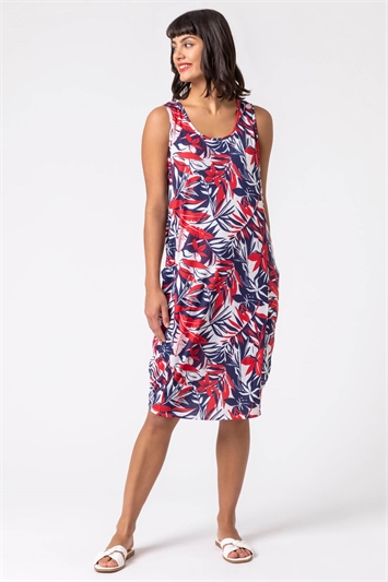 Navy Tropical Leaf Print Slouch Pocket Dress, Image 3 of 5