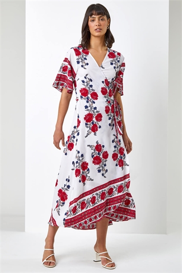 White Floral Border Print Wrap Dress