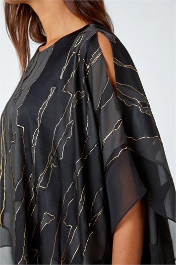 Black Metallic Print Chiffon Overlay Stretch Dress