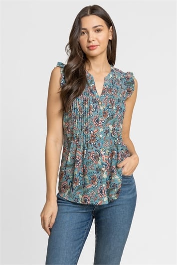 Blue Sleeveless Frill Detail Floral Blouse