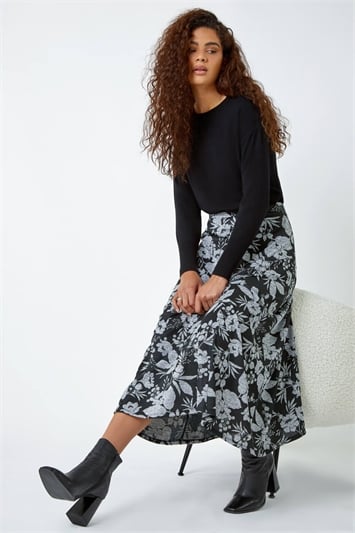 Grey Floral Print Midi Stretch Skirt