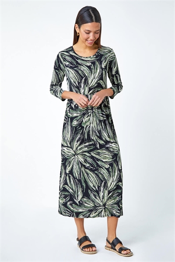 Brown Textured Floral Print Midi Stretch Dress