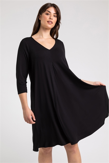 Black Curve Pleat Front Jersey Midi Dress