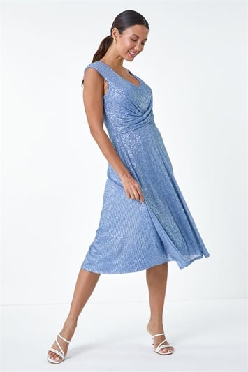 Blue Sequin Wrap Detail Midi Dress