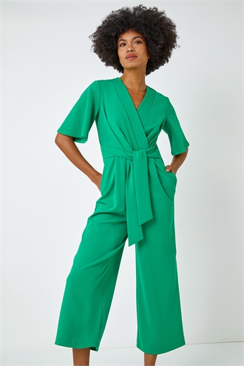 Green Angel Sleeve Cropped Wrap Jumpsuit
