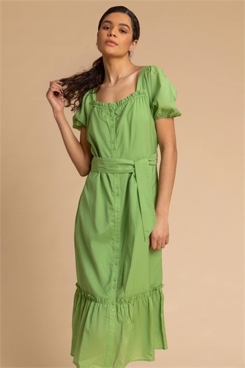 Pea Green Puff Sleeve Button Through Midi Dress, Image 5 of 5