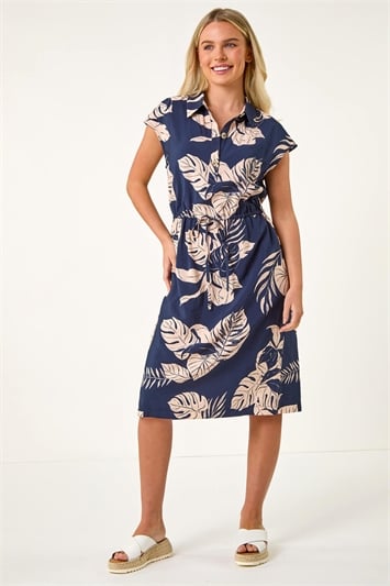 Blue Petite Tropical Waist Detail Shirt Dress