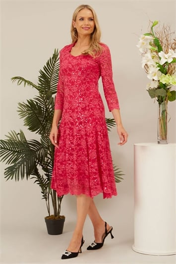 Pink Julianna Sequin Lace Midi Dress