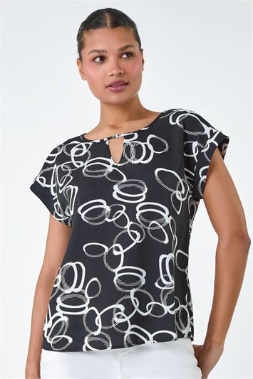 Black Keyhole Detail Abstract Print Top