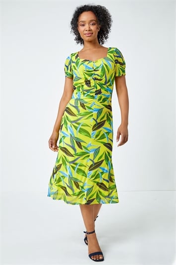 Green Petite Ruched Tropical Print Midi Dress