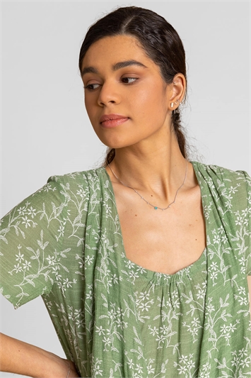 Sage Floral Print Crinkle Tunic Top, Image 4 of 4