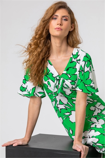 Green Contrast Floral Tie Detail Midi Dress, Image 5 of 5