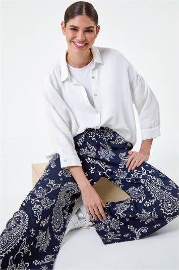Blue Paisley Print Textured Jersey Trousers