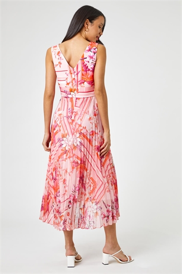 Pink Floral Print Fit And Flare Pleated Dress, Image 2 of 4