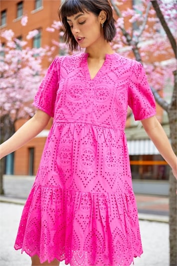 Pink Embroidered Tiered Cotton Smock Dress