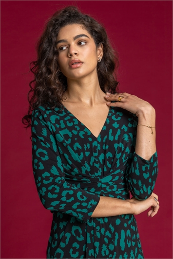 Green Animal Print Fit And Flare Dress, Image 1 of 4