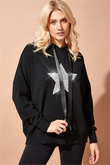 Black Star Embellished Knitted Hoodie