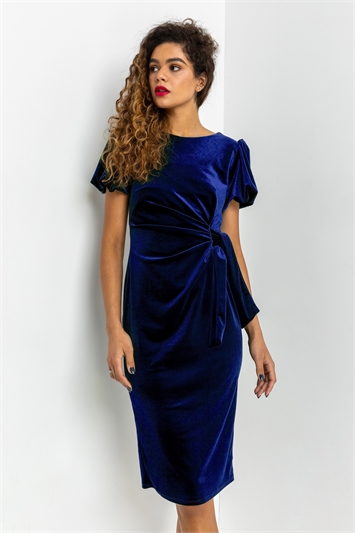 Blue Velvet Bubble Sleeve Midi Dress