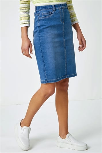 Blue Cotton Denim Stretch Skirt