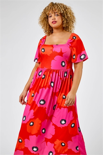 Red Curve Floral Print Square Neck Midi Dress, Image 6 of 6