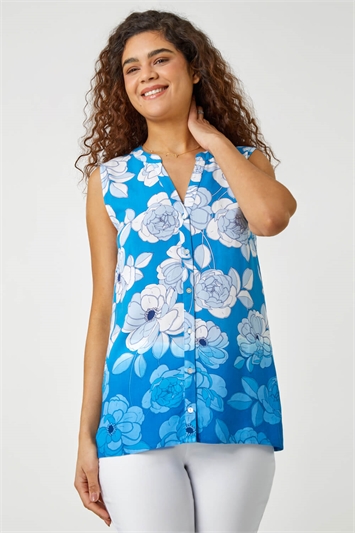 Blue Sleeveless V-Neck Floral Print Blouse