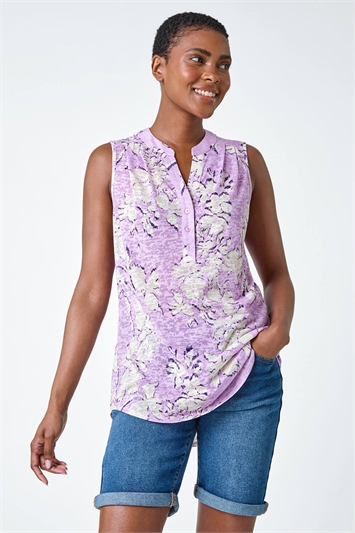 Purple Sleeveless V-Neck Floral Button Detail Top