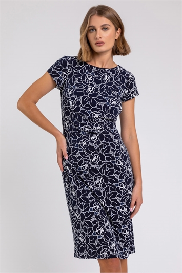 Navy White Floral Print Stretch Ruched Dress, Image 2 of 4