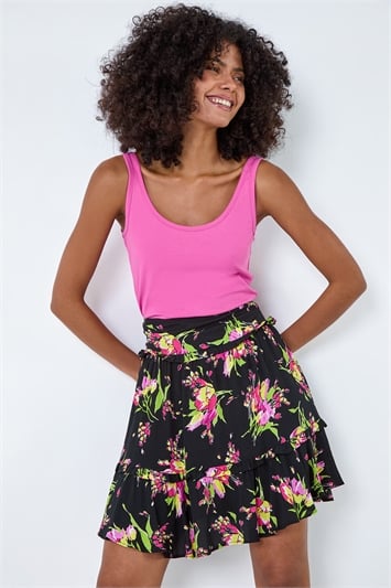 Black Floral Frill Trim Tiered Skirt