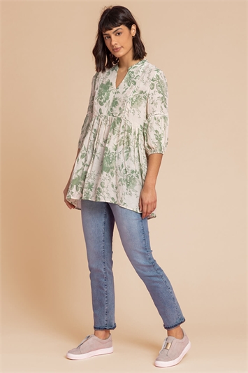 Green Floral Print Notch Neck Top, Image 3 of 4