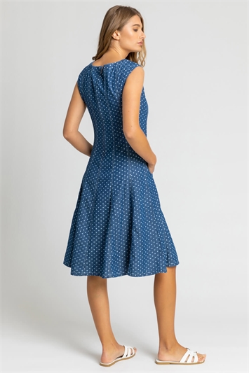 Denim Spot Print Top Stitch Skater Dress, Image 2 of 5