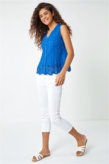 Blue Embroidered Sleeveless Crinkle Blouse