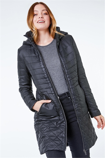 Black Longline Quilted Coat with Hood
