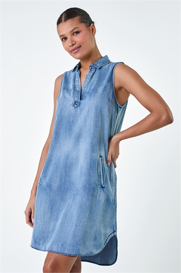 Blue Cotton Denim Pocket Dress