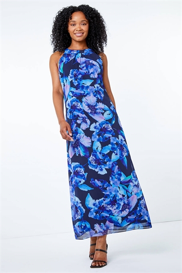 Blue Petite Floral Print Maxi Dress, Image 3 of 5