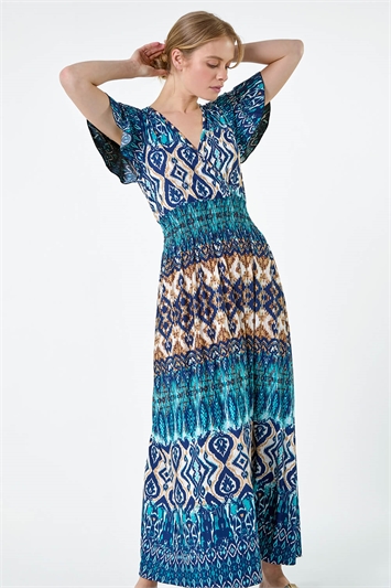 Blue Aztec Print Shirred Stretch Maxi Dress