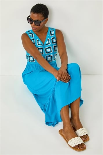 Blue Sleeveless Crochet Fit & Flare Midi Dress
