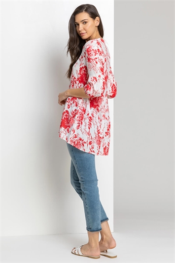 Red Floral Print Notch Neck Top, Image 2 of 4