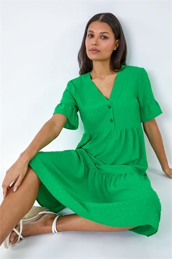 Green Textured Spot Frill Tiered Midi Dress