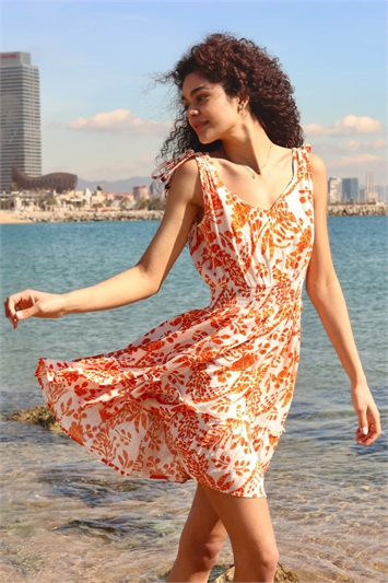 Orange Sleeveless Floral Print Shirred Dress