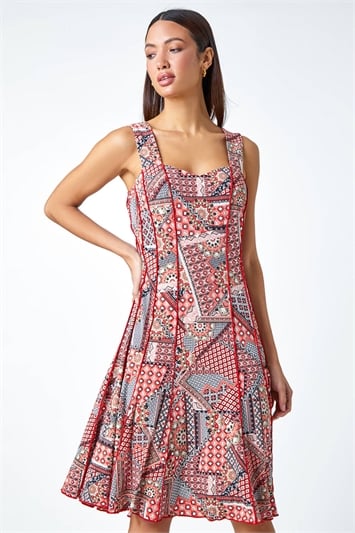 Red Textured Patchwork Panelled Stretch Dress